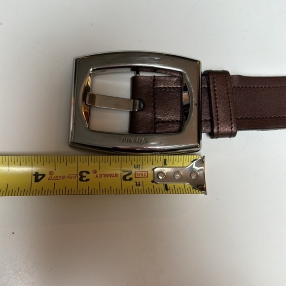 Prada vintage 80s Brown metallic leather belt~LG Chrome monogram buckle~openedge - Picture 12 of 15